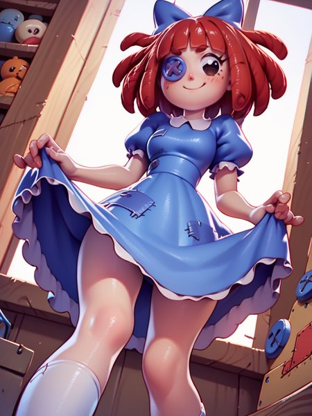 score_9, score_8_up, score_7_up, 1girl, leaning forward, cute pose, very happy, looking at viewer, dynamic pose, cowboy shot, playroom, geometry toys, dress lift,  ,white socks, from below,
 <lora:ARagathaV2_character:0.85>, RagathaXLP, red hair, eyepatch, black eyes, hair bow, dress, puffy short sleeves, blunt bangs, cartoon,<lora:KajinmanLycoXL:0.7>,