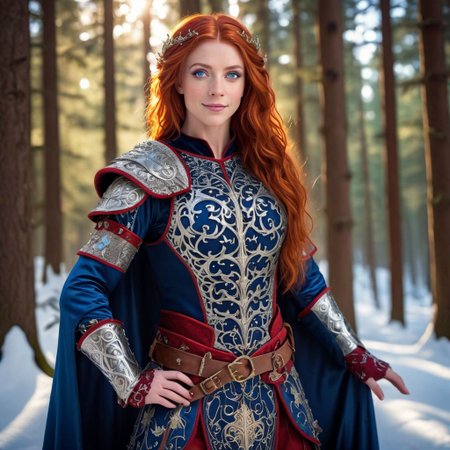 Odessa, masterpiece, highly realistic, 1girl, solo, red hair, long hair, smile, circlet, pants, cape, armor,  closeup,  full body, outdoors, (masterpiece:1.1), (best quality:1.1), 1girl, Real light and shadow, raytracing, 4k, 8k, wallpaper, epic, detail texture, red hair, (blue eyes:1.5), ((((red hair:1.35, medium hair)))), intricate eyes, beautiful detailed eyes, symmetrical eyes, big eyes:1.5, (((lustrous skin:1.5, bright skin:1.5, skin tanned, shiny skin, very shiny skin, shiny body, plastic glitter skin, exaggerated shiny skin, illuminated skin))), (detailed body,(detailed face)), cute, erotic, daring, (((medieval armor, adventurer man armor,winter coat))), (((intricate outfit, intricate clothes, embroidered outfit, ornate outfit, embroidered clothes, ornate armor))), (dynamic pose:1.0), happy, smile, (centered, scale to fit dimensions, Rule of thirds), ((snowy pine forest at night)), with dark stormy clouds, winter, scenery:1.25, ((snow forest background)), Christmas tree, highres, sharp focus, (ultra detailed, extremely detailed), (photorealistic),(extremely detailed CG unity 8k wallpaper), (((vibrant colors, vibrant theme))), (intricate), (masterpiece),(best quality), lean on table, lace dress, Princess Eilonwy,