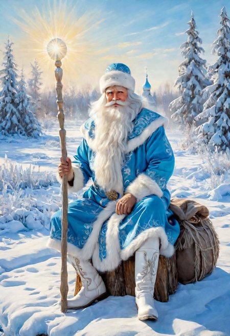 masterpiece, best quality, oil painting, sky blue clothes,  DedMoroz, 1boy, stern face of an old man, thick eyebrows, kind eyes, long beard, sitting on stump, large canvas bag with gifts at his feet, (white high boots:1.5), frozen, ice, ice magic staff, Russian village in the background, snow, frost and sun, wonderful day, ultradetailed, <lora:DedMoroz:1>,  <lora:add-detail-xl:1.9>