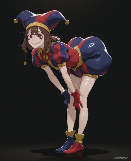 <lora:honeybread:1> honeybread,
(masterpiece), (best quality), (ultra-detailed), amazing quality, very aesthetic, illustration, perfect composition, intricate details, absurdres, incredibly absurdres, shiny skin, realistic,
 honeybread, jester, jester cap, solo, mismatched gloves, brown hair, hat, 1girl, , asymmetrical gloves, gloves, mismatched footwear, asymmetrical footwear, multicolored headwear, multicolored clothes, black background, striped headwear, red eyes, blue gloves, blue footwear, striped clothes, red headwear, red gloves, puffy sleeves, simple background, red footwear, puffy short sleeves, short sleeves, smile, , blue headwear, striped clothes, general