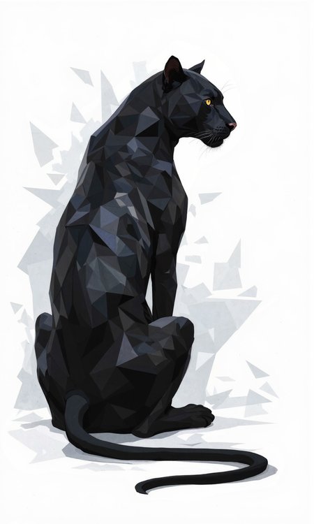 This image presents a stylized, geometric representation of a panther, likely a black panther, sitting in profile facing towards the right. The artwork is rendered in shades of black and dark gray against a white background, creating a stark, high-contrast image.
The panther's form is constructed from a series of interconnected polygons and shards, resembling stained glass or a fragmented surface. These shapes vary in size and angle, giving the animal a sense of both strength and fluidity. The lines separating the shapes are sharp and precise, enhancing the geometric aesthetic. Subtle gradations of gray within some of the black shapes suggest a dimensional quality and hint at underlying musculature.
The panther is depicted in a regal, composed pose. Its head is held high, and its gaze is directed forward, conveying an air of alertness and confidence. The tail curves gracefully down and to the right, completing the balanced composition. The overall impression is one of sleekness, power, and abstract beauty. The geometric interpretation adds a modern and artistic flair to the classic image of the panther., <lora:FLUX-daubrez-DB4RZ-v2:0.8> DB4RZ, DB4RZ style painting, <lora:t0m4zdrawing:0.6> t0m4z, <lora:Artgerm:0.4>
