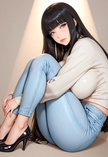 (masterpiece:1.3), (best quality:1.3), (ultra-detailed:1.3), very aesthetic, absurdres, newest, 8K, depth of field, focused subject, high resolution, ultra sharp, depth of field, volumetric lighting, 
BREAK,
source_anime, 1 girl, (long hair: 1.4), hime cut, black hair, fair skin, blue eyes, focus on face, sweater, jeans, sitting, hugging legs, knees raised, sideways, looking at viewer, plain background, cute, huge breasts, high heels, bokeh, spotlight, studio_lighting, professional photography,
