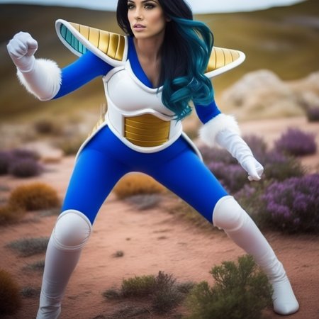cinematic film still ((full body shot)) , cinematic, ultra realistic, ultra detailed textures, ultra quality, ultra defined image, a girl with black hair, wearing  vegita's saiyan armor in blue and white, she has a fur belt around her waist,  she's in a green and purple alien planet, she's posing in a fighting position  <lora:Saiyan Armor - SDXL1.0:1> saiarmor . shallow depth of field, vignette, highly detailed, high budget, bokeh, cinemascope, moody, epic, gorgeous, film grain, grainy