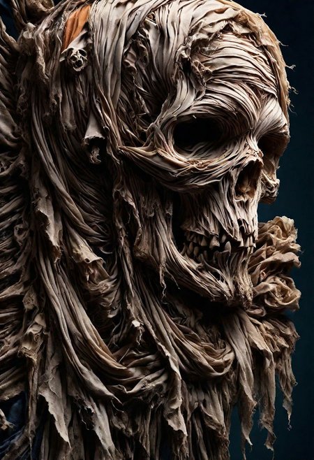 RAW closeup photo, vanishing skull, macro shot, dark blue, orange, goldscarf, masterpiece, colorful details, award winning, high detailed, 8k, natural lighting, analog film, detailed skin, amazing composition, intricate details, subsurface scattering, vellus hairs, amazing textures, soft light