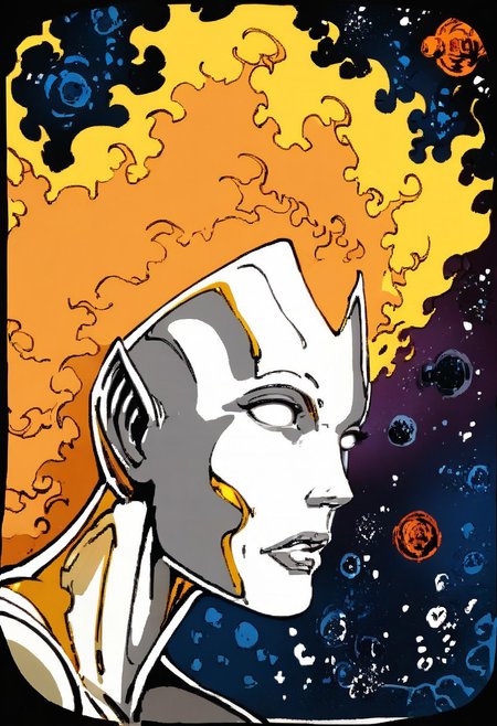 Frankie Raye, 1girl,  comicbook style, score_9, score_8_up, score_8,  silver skin, reflective skin, metal skin,long fiery hair,blank eyes, white eyes, wide hips, close up, in outer space, flying in space, detailed space, arms outstretched, legs straight