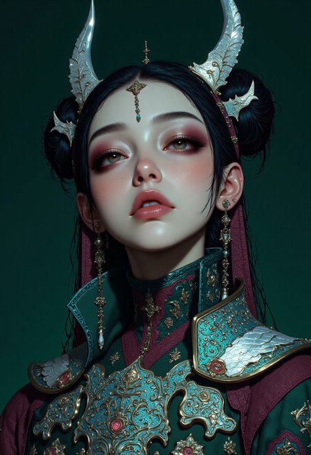 A highly detailed, hyper-realistic digital illustration presenting a close-up portrait of an ethereal East Asian woman with porcelain-like, almost translucent skin. Her delicate features are accentuated by minimal makeup, with large, expressive eyes slightly upturned, framed by thick, dark lashes and a touch of soft lavender eyeshadow. Her full lips, slightly parted, have a muted mauve hue, adding to her dreamlike presence. Her intricately braided twin buns, adorned with iridescent beads and delicate silver feathers, extend outward like curved antlers, enhancing the surreal, mythical quality of her appearance. She wears a high-collared Qing dynasty-style garment in deep emerald, burgundy, and silver, embroidered with elaborate Aztec patterns and mythical creature motifs. Over the garment, she wears a sculpted chrome silver breastplate with intricate patterns, shimmering under the light with a reflective, almost otherworldly effect. The luxurious, slightly textured fabric beneath catches the glow, emphasizing its fine craftsmanship. Toxic neon colors pulse and glow subtly along the edges of her attire, casting an eerie, luminescent aura that enhances the surreal atmosphere. The background is a gradient of rich teal, deepening towards the edges, creating a striking contrast that amplifies her presence. The fusion of realism and fantasy in her poised expression and intricate attire creates a mesmerizing composition.