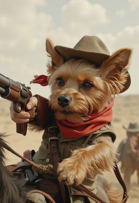 This is a digital artwork in the style of ckgr Anthropomorphic yorkshire terrier allab in a high-speed horse chase, wearing a red scarf, a dust-covered cowboy hat, and gripping a shotgun. Dust kicks up behind it. Highly detailed, realistic textures, western theme, cowboy, gunslinger, action shot.
 <lora:ral-anthropomorphic-flux:1>