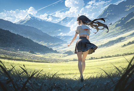 ((walking on grass hill:1.5))

1 girl,medium breast,long hair,(curtain bangs:1.3),(black hair:1.3), (black eyes:1.1),asian_japanese,ahoge,(light freckles:1.2),red rimmed round glasses,

(White crop top sailor school uniform,black skirt:1.5),(small town,mountain,blue sky,cloud,outside),(day:1.5)

sparkling effects,(Bokeh around character:1.3),(character focus:1.2),((dynamic pose:1.4)),((foreshortening:1.5)),((extreme perspective:1.4)),((dynamic angle:1.3)),((negative space:1.1))

Cunnystyle,Smooth_Quality,amazing quality, ((aesthetic:1.3)),(no line art:1.3),((4k,8k,Ultra HD)),((Masterpiece :1.2)),((Best quality :1.2)),((Detailed :1.5)),((Detailed background :1.5))