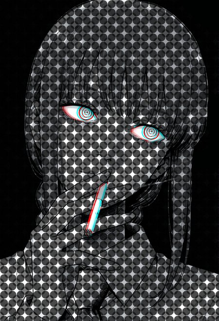 sketch, traditional media, official art, hatching \(texture\), linear hatching, 
makima \(chainsaw man\), profile portrait, closed mouth,  facing viewer, looking to the side, head tilt, long fingers, holding cigarette, relaxing, bags under eyes, nose, lips, greyscale, monochrome,
very awa, very aesthetic, hyper detailed, old, retro artstyle, 
simple background, black background,