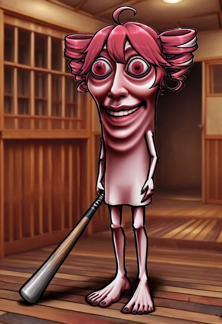 masterpiece, high quality, best quality, 1girl, ttsahur, kasane teto, wooden floor, indoors, tile floor, blurry background, barefoot, full body, standing, holding weapon, baseball bat, holding baseball bat, looking at viewer, horror \(theme\), <lora:tung_tung_tung_sahur-000010:1>