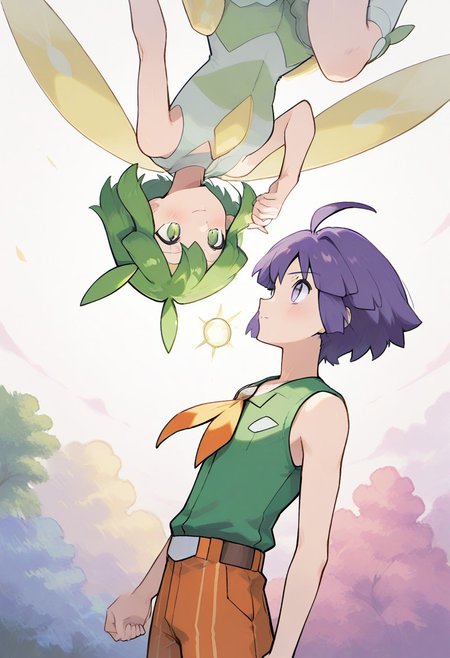 masterpiece, best quality, very aesthetic, absurdres, sharp details, pokemon, 2boy, green hair,  purple hair,purple eyes,looking at another,  short hair, blush,green eyes,ahoge,  sidelocks, holding hands, eye contact, outdoors, Aaron(pokemon),  closed mouth,puzzle_morph_rks,
Green shorts, green shirt, brown footwear, white socks, yellow neckerchief,
Aaron,black sleeveless shirt, orange pants, white with orange shoes, belt
macro shot, cowboy shot, 20-year-old, solid white background, 2 boys,