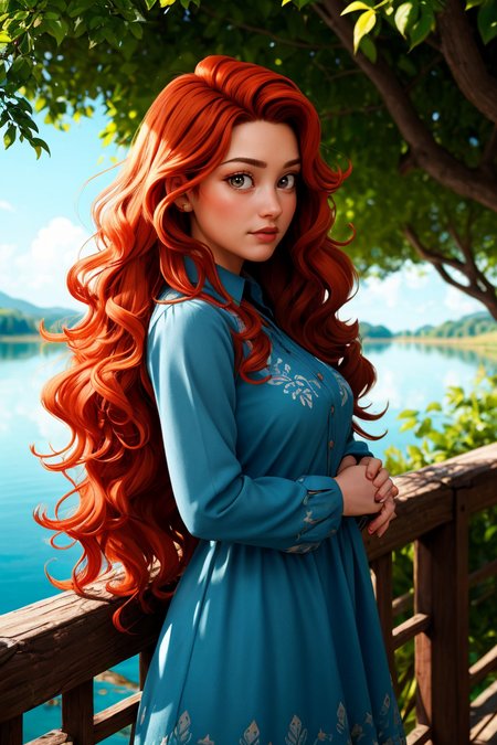 1girl, big hair, curly hair, long hair, long sleeves, looking at viewer, orange hair, red hair, ringlets, shirt, solo, wavy hair, lake, nature, dappled sunlight, flower, tree, 
masterpiece, best quality, intricate details, <lora:backlight_slider_v10:-0.5> <lora:contrast_slider_v10:3>      <lora:weight_slider_v2:0.7>