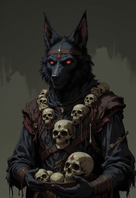 full body shot, a four-armed fully anthropomorphic wolf with a third eye and black fur, wearing a necklace of human skulls, holding a skull shaped bowl in one hand, a short ritual kukri in another hand, the eyes all glow red,