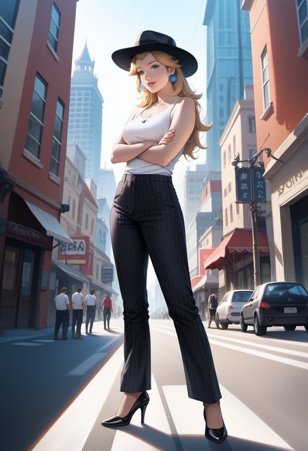 score_9, score_8_up, score_7_up, score_6_up, score_5_up, score_4_up, high quality, ((photorealistic)), (Extremely detailed), 1.5, <Lora:add-detail-xl:1.5>, princess peach, blonde hair, blue eyes, long hair, black fedora hat, white tank top, black pinstripe suit pants, black mule heels, Marco, Giantess, giga size, gigantic, city, standing, looking down, arms crossed, front view