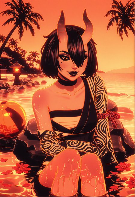 GLSHS,delicate colors,partially illuminated, (masterpiece, absurdres, very awa:1.4), golden hour, orange theme, sunset, beach, rocks, beach ball, sand, palm tree, smug, looking at viewer, fortnitenightrose, 1girl, black hair, short hair, bob cut, bangs, hair between eyes, hair over one eye, asymmetrical horns, oni horns, skin-covered horns, black eyes, black sclera, sclera, closed mouth, mole, mole under mouth, black lips, lipstick, makeup, natural hot spring, sitting on rock with legs dipped in water, wet skin, towel draped around body, cleavage, steam, gentle ripples in water, warm lantern glow, flower petals floating on water, <lora:GLSHS-IL:1.2>,  <lora:Fortnite_The_Night_Rose_All_Outfits_ILXL:0.8>, <lora:dmd2_sdxl_4step_lora:1>