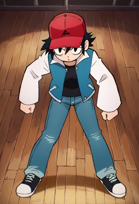 zPDXL, sharp, score_9, score_8_up, score_7_up, source_anime, <lora:ScottP-v2-3:0.8> scttp, scott pilgrim style, high quality, 1girl, solo, full body, dynamic pose, ash3, (((red cap, black hair, blue vest, white sleeves, black shirt, jeans, black shoes)))