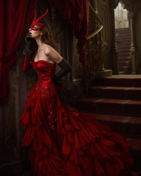 <lora:ck-LttleGhost-000011.safetensors:1> in the style of ck-lttlegh0stA mysterious woman, masked in red, stands before a backdrop of decaying opulence. Her fiery red gown shimmers with intricate beading, while her gaze lingers on some distant thought. The soft focus camera captures every subtle detail as she poses against a backdrop of velvet and forgotten grandeur.