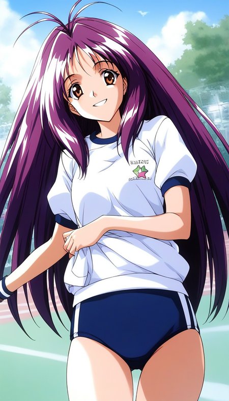 score_9, score_8_up, score_7_up, source_anime, rating_explicit, BREAK  <lora:Kotobuki_Miyuki_XL:1> Kotobuki_Miyuki, purple hair, long hair, brown eyes, antenna hair, smile,
gym uniform,white shirt, dark blue buruma,
outdoor, sky,