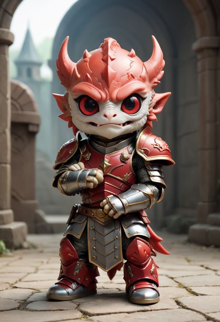 Cute little happy miniature chibi draghon with big comically bright red eyes, wearing armor and converse plated armor, arms crossed