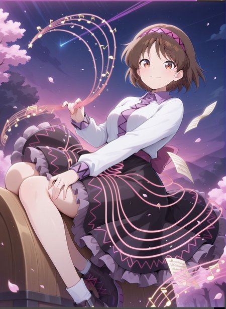 absurdres, highres, masterpiece, best quality, amazing quality, official anime artwork, screencap, anime screencap, outdoors, looking at viewer, 
smile, night, petals, floating hair, string, insturment, music, note, 
 <lora:Tsukomo-Yatsuhashi_Illustrious:1> tsukumo yatsuhashi, 1girl, solo, brown eyes, brown hair, short hair,, white shirt, long sleeves, black skirt, frilled skirt,