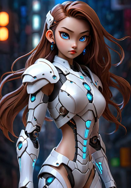 [1 Asian girl, straight long hair, pretty face, ear, professional lighting, standing, medium breasts, brown twintails, (blue eyes), (white:1.1),(((bodycon futuristic cyber-armor:1))), breastplate, vambraces, faulds, cuisses, detailed ultra photorealistic,  outdoors, cinematic, dark scene, night, future city, neon light, professional lighting, upper body shot,],
<lora:cybrk-knight:0.9>,