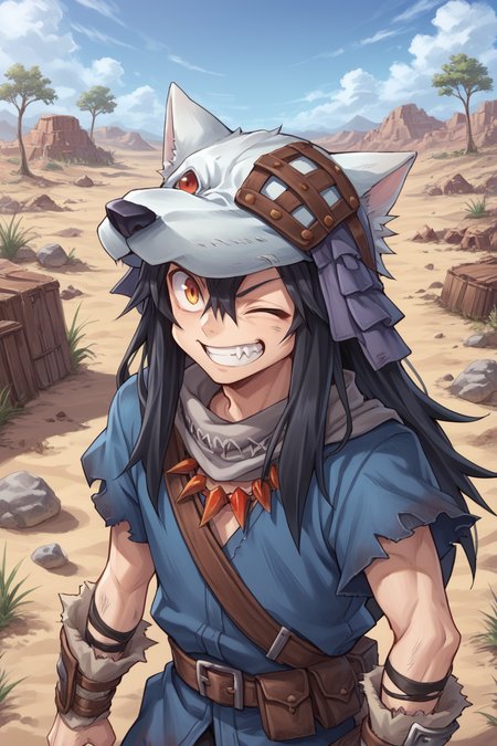 score_9, score_8_up, score_7_up, score_6_up, source_anime, BREAK, <lora:FlunkyPonyXL:0.75> , fludef, 1boy, black hair, long hair, wolf hat, wolf hood, wolf pelt, grey scarf, bandana around neck, necklace, tooth necklace, fur trim, blue vest, torn clothes, grin, one eye closed, closed mouth, happy, scenery, exterior, wasteland, desert, shrubs, dead trees, (solo), <lora:backgroundsetXL:0.25> , background, village, wasteland, desert,  <lora:y0tt4:0.7> , y0tt4, face, close-up,