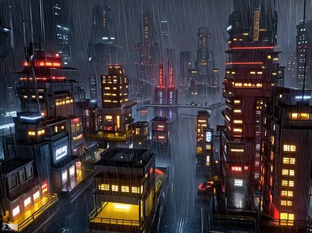 masterpiece,high detail,
 <lora:gits_style:0.8>,
gits95, scenery, rain, no humans, building, city, cityscape, city lights, night, outdoors, science fiction