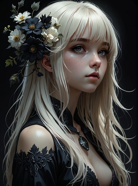 2D drawing, overhead shot, full body girl with long white hair and bangs, profile, (Anna Dittmann, Ilya Kuvshinov, Jeremy Mann) a large obsidian medallion, low head, hyper detailed eyes, black flowers, dark shadows, very high contrast , overhead light, dark background, gloomy atmosphere, manga style