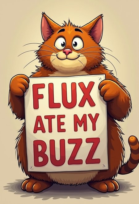 very buff Cat holding poster, cartoony wide Cat, text on a poster "FLUX ATE MY BUZZ"