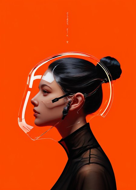 realistic,  
masterpiece, best quality, amazing quality, highres, absurdres, very aesthetic, very awa,expert shading, ultra detailed, UHD, 8K,
BREAK, 
N3onSp3ctra, 1girl, orange background, solo, profile, simple background, single hair bun, from side, pretty, large Japanese text, vector graphics, concept, hair bun, transparent, mask helmet,  glass,see-through,  <lora:NeonSpectra-000011:0.75>
