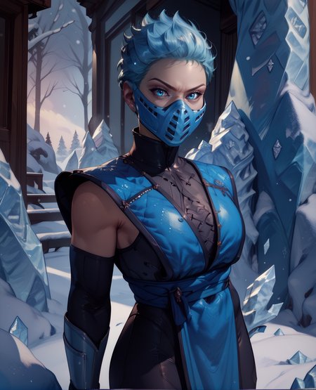 score_9,score_8_up,score_7_up,score_6_up,
frostxl,blue eyes,short hair,mouth mask,
black and blue bodysuit,short pelvic curtain,looking at viewer,
standing,serious,
winter,ice,<lora:FrostpXLDefault-11:1>,