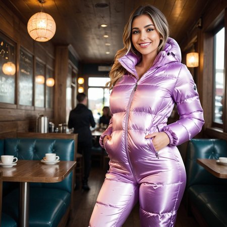 (Cinematic Shot:1.3) So_Jenna_Miller  (skinny, slim, abs, big boobs:1.3) ((Photo Focus, DOF, Aperture, insanely detailed and intricate, character, hypermaximalist, hyper realistic, super detailed, (lens flare))) (Wearing a puffer_downsuit satin dress downsuit:1.3) (at a romantic restaurant:1.3) (smile:1.3) 
<lora:puffer_downsuit_v1:0.6>