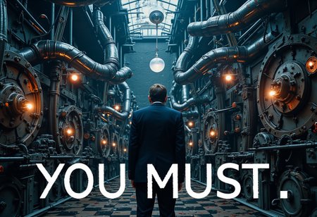 the words 'YOU MUST' written in large font fills the front of frame. In the back of frame weird man with in a dark room with checkerboard blue lotus PEOPLE ARE trapped inside machinery, people crushed inside mechanical gears, high gore arms crushed and bent, signs of wailing, people in business suits trapped in machinery. floors with blood on the ground with a white interior cyber tech electricity electical circuits illuminati symbols with brains and vaginas with high technology alchemical background lightning bolts
