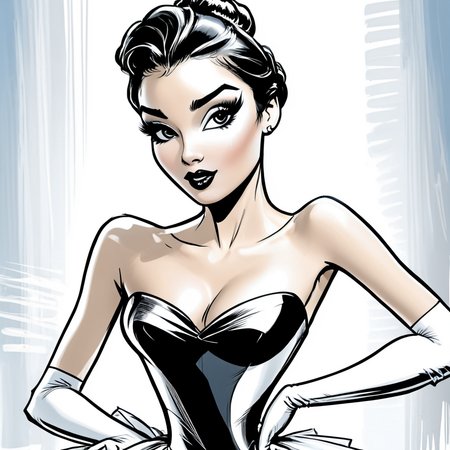 <lora:Azure_Sketch_Illustration:1>   ArsMJStyle, AzureSketch, Ballerina, A drawing of a woman in a black and white dress., 1girl, solo, gloves, breasts, hands on hips, cleavage, black hair, dress, makeup, bare shoulders, strapless, medium breasts, lipstick, strapless dress