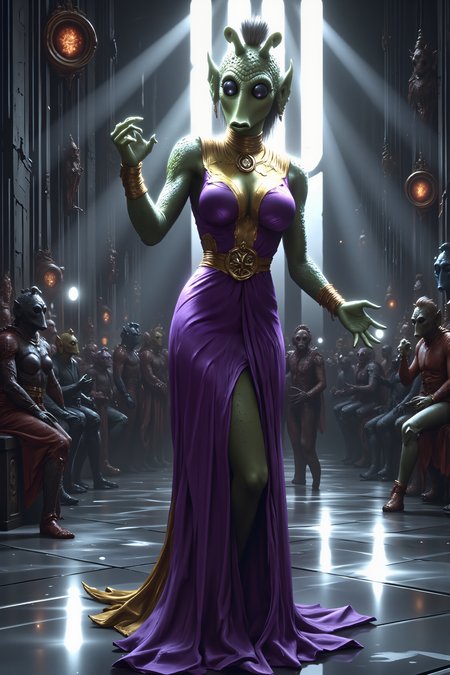 A hyper-realistic portrait, photorealistic photo close-up image of  A female Rodian alien with snout senator stands in the grand chamber of the Galactic Senate, her purple and gold robes flowing elegantly around her slender form. Her vibrant green skin contrasts sharply with the polished silver floor, while her dark eyes glint with determination as she addresses the gathered representatives. The towering columns of the Senate building rise around her, illuminated by the soft, white light that spills from the ceiling, casting long shadows across the assembly. Her hands are raised, her voice clear and steady as she speaks of peace, diplomacy, and the future of her people. Hovering Senate pods filled with alien delegates orbit the center chamber, their occupants watching her with a mix of intrigue and skepticism. Behind her, the emblem of the Republic is proudly displayed, shimmering in the soft glow of the overhead lights. The air is thick with the tension of political debate, the murmur of conversations barely audible over the echo of her voice. Despite the grandeur and pressure of the moment, the Rodian senator remains poised, her antennae twitching subtly as she senses the room's shifting currents of power and influence. (photography, high-resolution, dynamic, energetic,hyper-realistic, dramatic lighting, shallow depth of field.), MythP0rt<lora:DnDDarkestFantasy:0.5><lora:FluxMythP0rtr4itStyle:0.75><lora:Dever_Flux_Enhancer:0.5><lora:Aura_Flux-000010:0.6><lora:RODIAN_1:1.1>