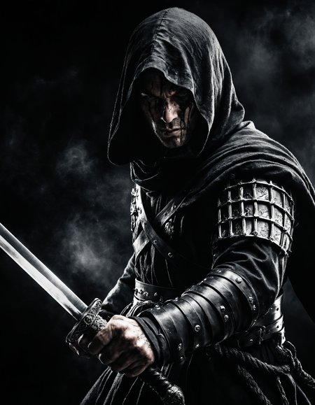 Dark, foreboding figure in full battle gear, with shadows playing across their face, in a realistic environment.
One hand on the hilt of a sword, the other clenched in a fist.
Fine detail enhancement, Ultra-high contrast, Realistic depth of field