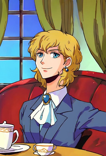 <lora:pony_xl_Hildegard:0.8>,Hildegard,score_9,score_8_up,1girl,female,kawaii,solo,short hair,earrings,suit,white collared shirt,ascot,brooch,upper_body,looking_at_viewer,smile,closed mouth,sitting,couch,table,window_,curtains,stretching your spine,cup,teacup,saucer,parody,