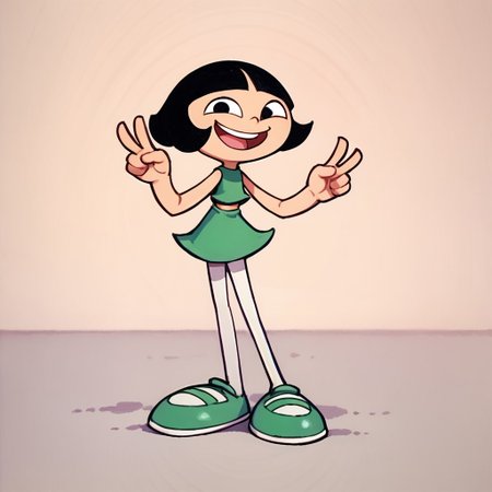 score_9, score_8_up, score_7_up BREAK LeeLeeDL, 1girl, black hair, bob cut, blunt bangs, black eyes, sleeveless green dress, white tights, green ballet shoes, open mouth smile, peace sign hands, solo, solo focus, full body,