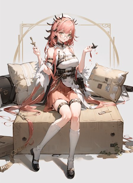 ((masterpiece,best quality)), 4k, highres, 1girl, solo, full body, untold stories, glasses, thigh strap, ponytail, pink skirt, <lora:EratoV3LLR:0.8>
