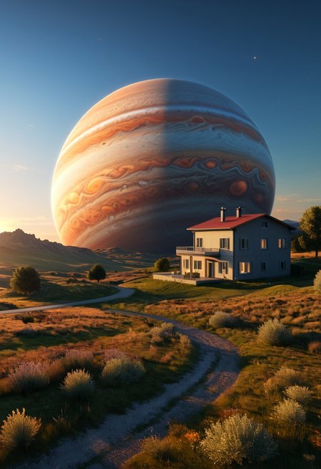 a serene landscape with a singular building at sunrise with a giant jupiter appearing in the sky, digital art, concept art, octane render, unreal engine 5, hyperrealistic, highly detailed, high quality, 4K, low contrast, soft lighting, path tracing, complementary colors, natural lighting, geometric <lora:add-detail-xl:0.7>, <lora:xl_more_art-full_v1:0.7>