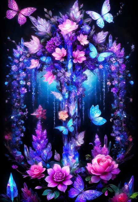 made of sparkling amethyst crystal,chinese blue wisteria and glowing blue butterflies, glowing pink and yellow butterflies against a pitch-black background Painterly,  surreal, vibrant glow, bokeh, 8k,Pink_Roses, blue_flower,pink_flower,white_flower,yellow_flower,grappe_flower,cherry blossoms,red_flower,purple_flower,back_roses,made of sparkling amethyst crystal