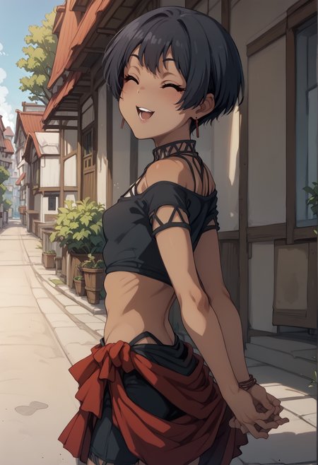 1girl, solo, dark skin, short hair, black hair, brown eyes, earrings, jewelry, black crop top, black shorts, bare shoulders, red sarong, standing, indoors, sitting, hand on hair, looking at viewer, walking, outdoors, from side, smile, closed eyes, open mouth, hands behind back <lora:Eilie_Suikoden_2_XL:1> <lora:KakureEriaPDXL-(jack cat) :1>, score_9, score_8_up, score_7_up, score_6_up, score_5_up, score_4_up, BREAK source_anime, masterpiece