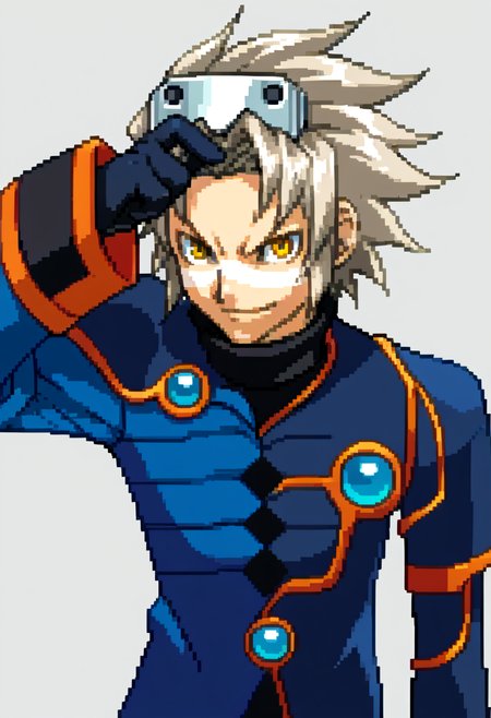 score_9, score_8_up, score_7_up, source_anime, BREAK, solo, 1boy, looking at viewer, smile, <lora:Ace-Attorney-Portraits-pdxl_Fp:1>, portrait, pixel art, simple background, upper body, <lora:WesPKMN-pdxl:1>, w3s, spiky hair, grey hair, goggles on head, yellow eyes, facial mark, black turtleneck, blue coat, single pauldron, asymmetrical sleeves, long sleeves, black gloves, black pants