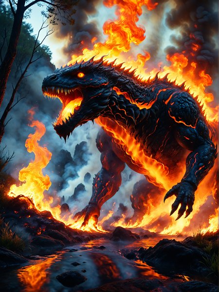 A solo (((fire breathing))), gargantuan elemental creature, spewing a stream of fire from its mouth toward the earth below, covered in molten lava, scorched earth where it breathes fire. The creature's skin is textured, scales, ((fire coming from inside its mouth to the ground)). The creature is evil and has a natural appearance. The eyes are translucent, evil and glossy. In a fiery, inferno forest with golden sunlight filtering through the trees, illuminating the few delicate wildflowers and grass that have not burned yet. Photorealistic, enchanted environment, realism, <lora:aidmaMidjourneyV6.1-v0.1:0.6> midjourneyv6.1, <lora:SDXLFaeTastic2400:0.4>, <lora:EpicF4nta5yXL:0.4>, <lora:DonM5h4d0wM317XL:0.4>, <lora:add-detail-xl:0.8>, <lora:Everything_Iridescent:0.4>