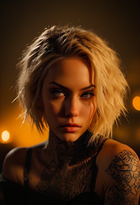 ultra highres,absurdres, (best quality, ultra detailed), Exquisite color design,detailed face,detailed eyes,photorealistic, cinematic angle
Experimental surrealistic portrait,solo,a cyberpunk street gang girl, sweet 25yo woman,(dark roots:1.2) blond hair,short hair,mechanical eye,(luminous eyes:1.6),seductive expression, subtle smile, open mouth, sexy and cute, dynamic sexy pose, Expressive,Tribal Tattoos,barcode tatoos, abstract,
Gustav Klimt, trending on artstation, <lora:CINE:0.5> CINE,blurry background, DOF, depth of field, fire embers, embers, glowing, backlighting, bokeh ,volumetric lighting,<lora:sinfully_stylish_SDKL:1> <lora:Desolation:0.5>,  <lora:unholy:0.25> horror, <lora:Expressive_H:1> Expressiveh <lora:PerfectEyesXL:1> perfecteyes
