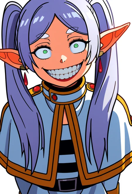 best quality, amazing quality, very aesthetic, absurdres,
jokerized, smile, grin, teeth, red lips, constricted pupils, crazy eyes,
1girl, frieren, green eyes, grey hair, twintails, pointy ears, eyebrows,
white capelet,long sleeves, earrings, striped shirt,
arms behind back,
upper body, looking at viewer, solo, simple background, white background,  <lora:JokerizedNoobXL_byKonan:1>