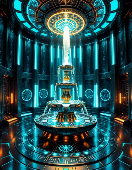 The center of a high-tech, alien temple-laboratory, where dark metallic walls shimmer under the glow of cyan vertical light tubes and faint sacred runes. In the middle of the chamber lies an elaborate biomechanical fountain, rising like an altar from a circular platform of engraved metal. The fountain pulses with iridescent liquid light, flowing in gravity-defying streams that spiral upward before cascading back into a glowing basin etched with ritual patterns. Bioluminescent veins run through the structure, illuminating the surrounding floor like circuitry. Overhead, a radiant, halo-like design casts a celestial glow, enhancing the surreal, sanctified atmosphere. The space exudes a fusion of sacred ceremony and alien technology, as if the fountain were a source of divine power worshipped by another world.
<lora:high-tech_alien_temple_f0unt41n:1>,high-tech alien temple f0unt41n,<lora:SDXLFaeTastic2400:0.4> <lora:extremely_detailed:0.4> extremely detailed, Masterpiece,best quality,hi res,8k,hi res,8k,award winning,(sharp focus, intricate, highly detailed),