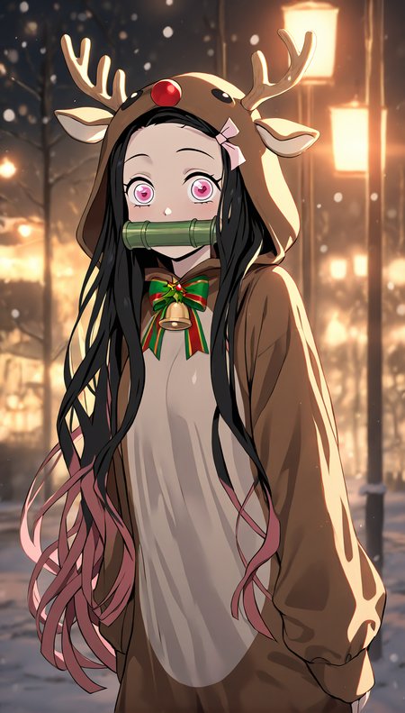 masterpiece, best quality, amazing quality, very aesthetic, absurdres,  newest, (scenery, volumetric lighting),
Xmas_2k24, 1girl, solo, long hair, black hair, pink eyes,happy experssion,happy eyes,big eyes, looking at viewer, bow,  pink hair  ribbon, hood, reindeer costume, antlers, gagged,christmas,Kamado Nezuko,outside,
,masterpiece, best quality, amazing quality, very aesthetic, absurdres,  newest, (scenery, volumetric lighting),
 ,<lora:Xmas_2k24:0.8>,