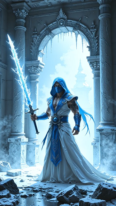 A creative image of SubZero, a powerful Mortal Kombat warrior, standing in a misty, snow-covered, ancient Chinese temple, surrounded by intricate ice sculptures, holding a majestic, glowing, translucent sword made of ice, with frosty, crystal-like details, wearing a long, flowing, white and blue ninja costume, with a hood and a mask, inspired by the styles of Hokusai, Syd Mead, and Ash Thorp.