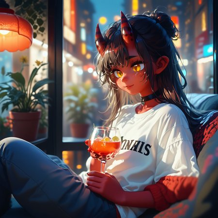 score_9, score_8_up score_7_up, score_6, BREAK masterpiece, high quality, perfecteyes, detailed background, depth of field, SkinDetail, cinematic lighting, shading, meruccubus, 1girl, 2d, red tail, horns, demon tail, long hair, black hair, choker, yellow_eyes, freckles, colored skin, red skin, demon_girl, flat chest, black outline, looking outside window, bottle, relaxing, holding glass cocktail, focus solo, on side, sitting window bench, long sleeves, white shirt, blue pants, shirt, indoors, building, interior, night sky, moon, city lights, city background, city theme, huge glass windows, smile